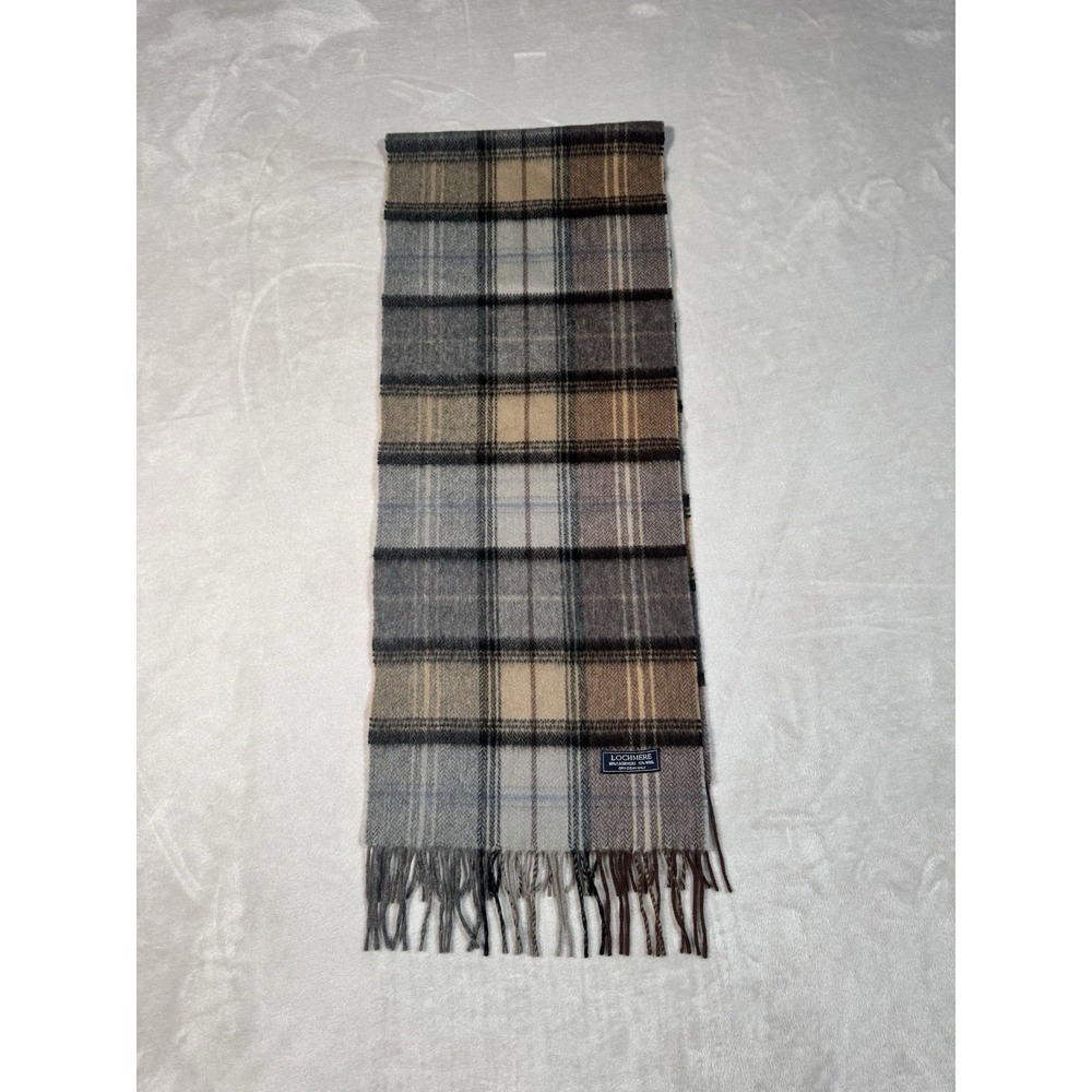 Lochmere 100% Cashmere Plaid Browns Scarf Wrap Rectangle Fringe 11.5"x60"